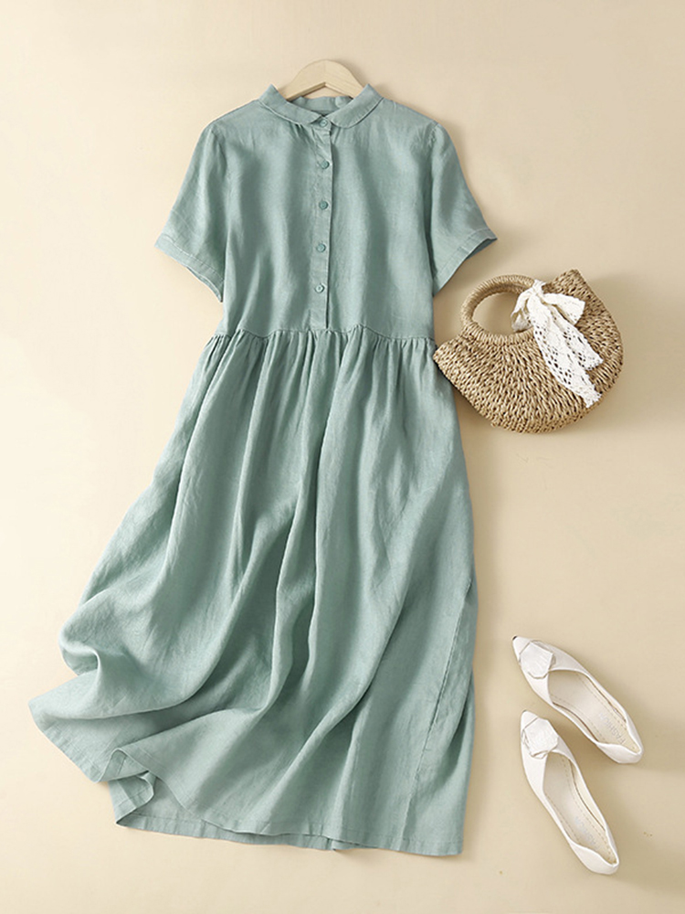 Solid Color Simple Lapel Casual Midi Dress