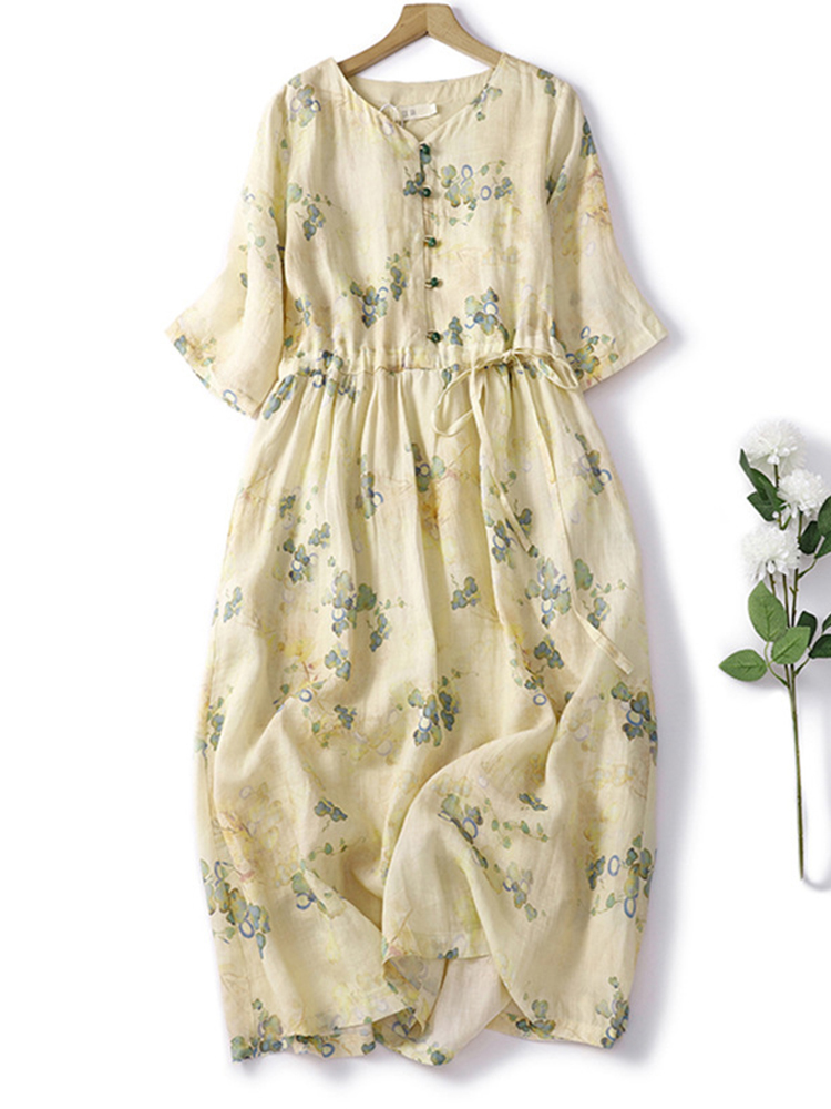 Floral Print Round Neck Loose Midi Dress