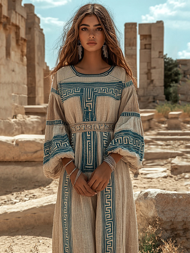 Retro Greek Key Crew Neck Linen Blend Maxi Dress
