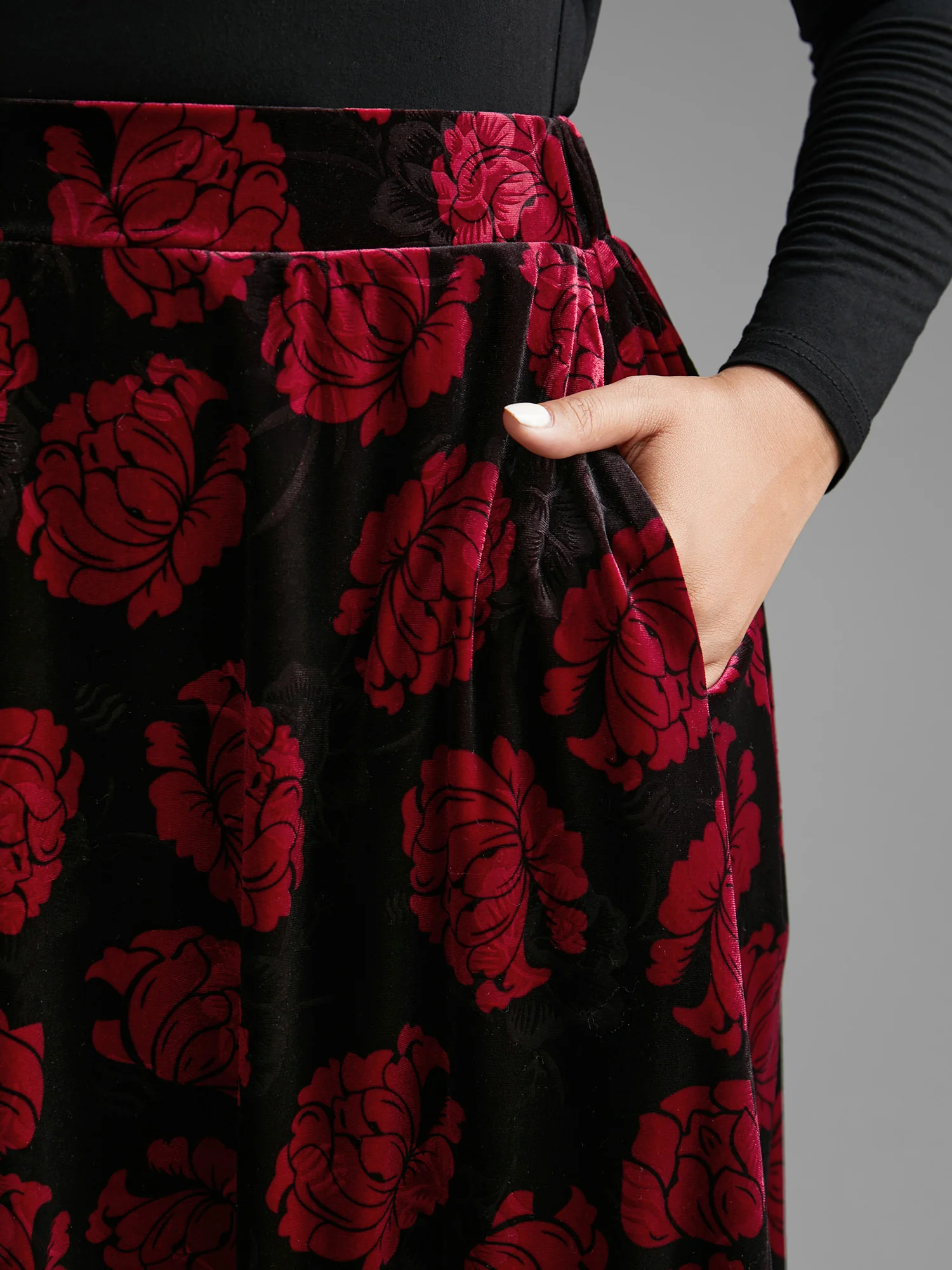 Velvet Floral Elastic Waist Skirt