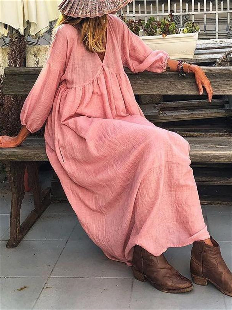 Vintage Pleated V Neck Maxi Dress