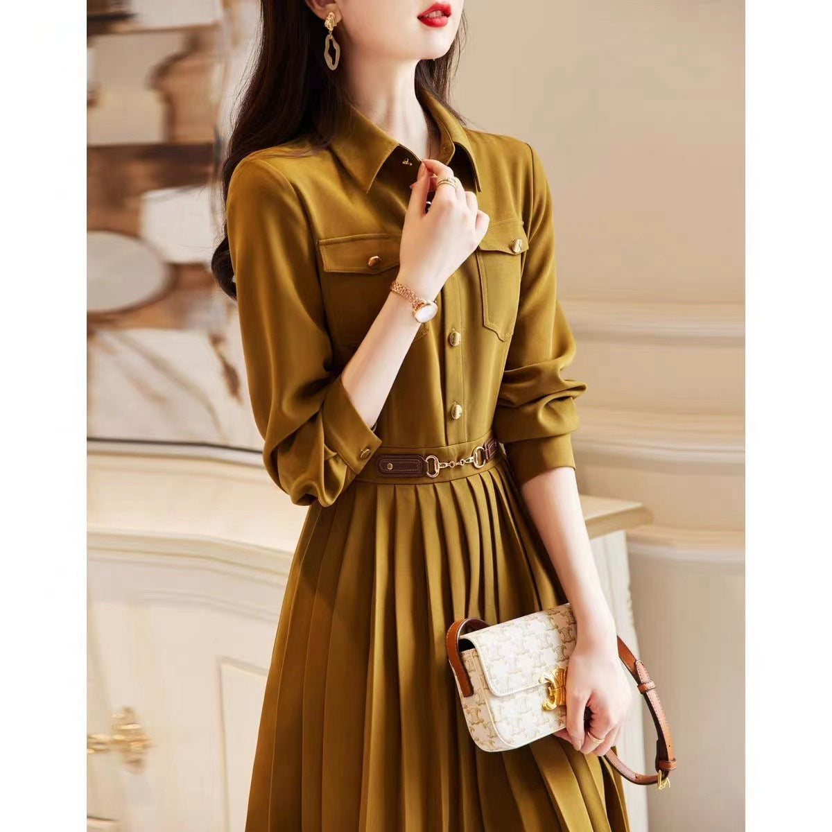 Lapel Loose Long Sleeve Elegant Dress