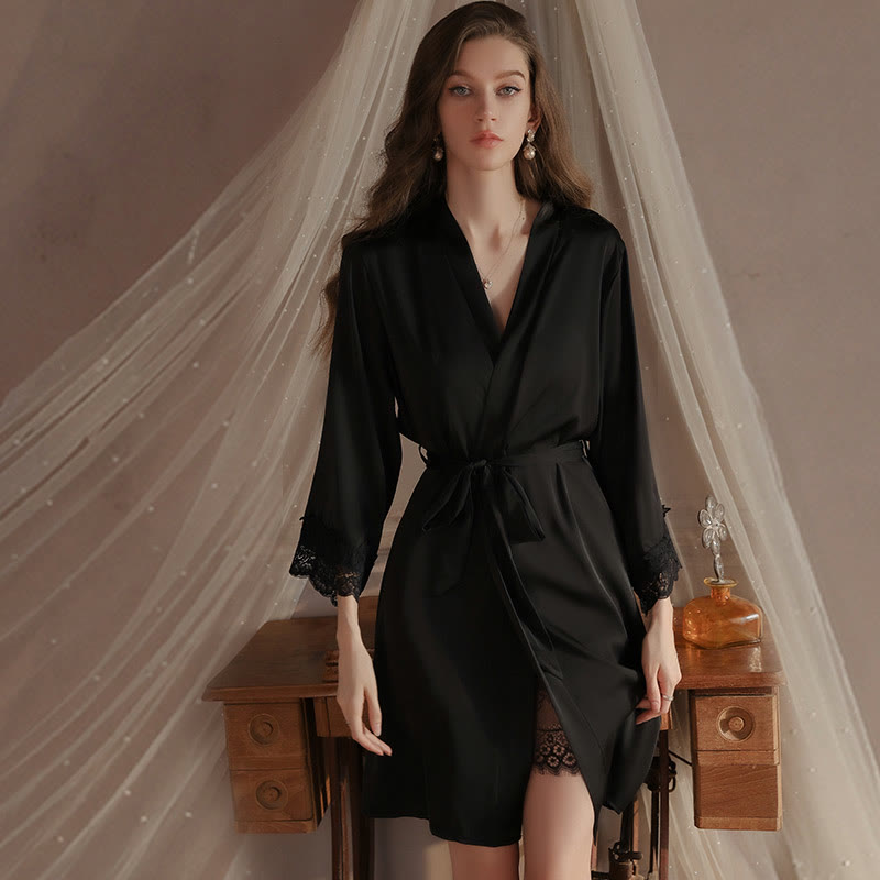 Lace V-neck See-through Nightdress Robe