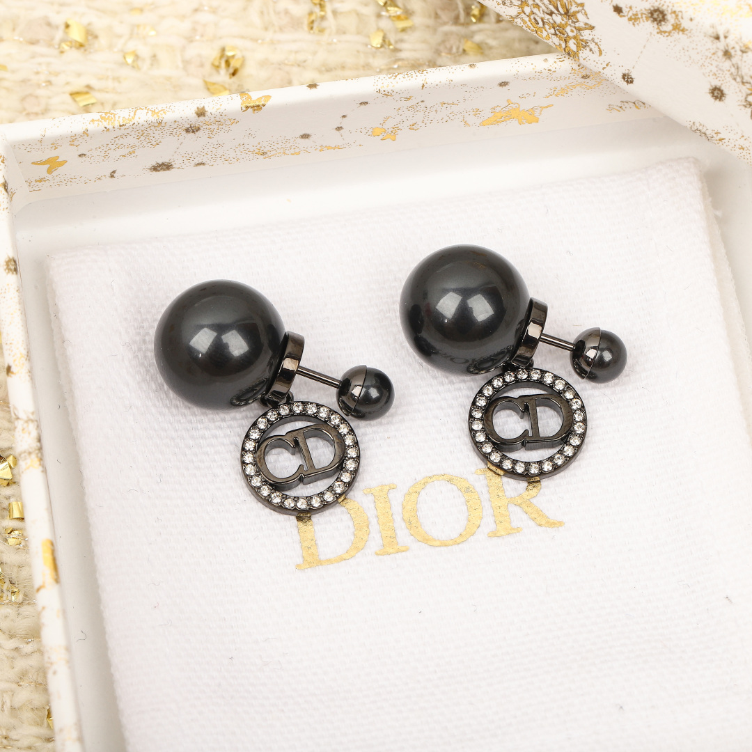 Dior Round Crystal CD Double Ball Pearl Earrings