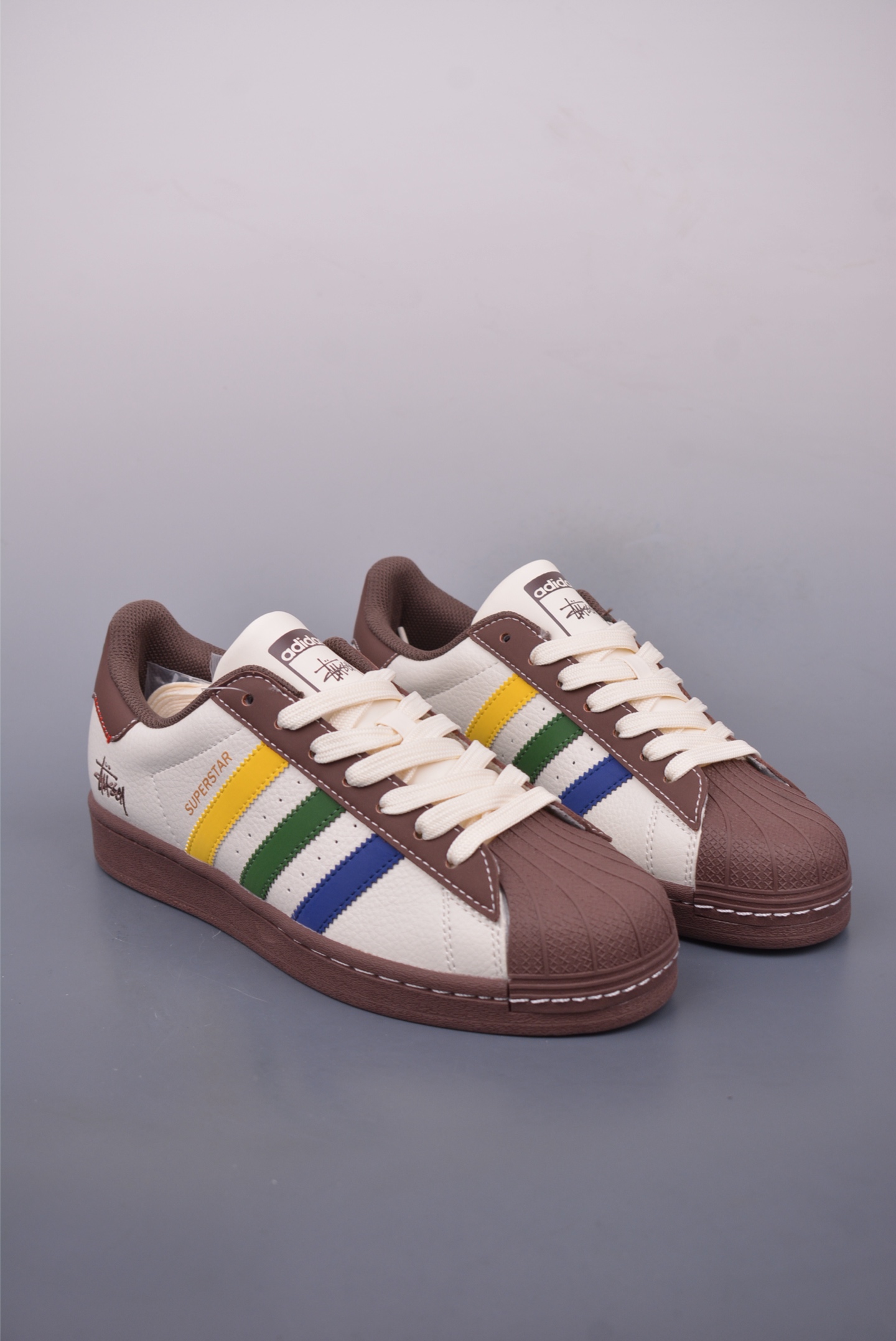 Stussy x Adidas Originals Superstar sneakers Coffee, White and Tricolor JY8913