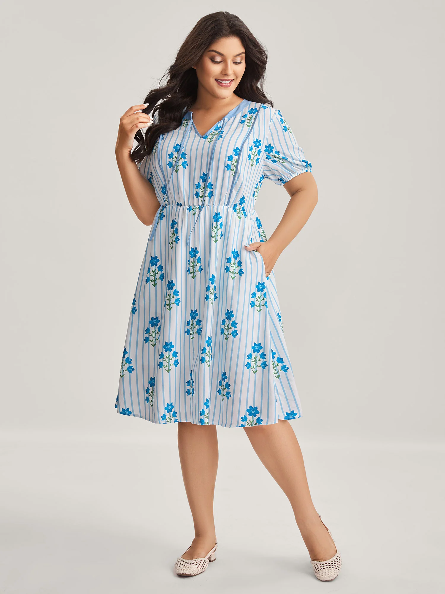 Stripe Floral Notched Neck Tie Midi Dress