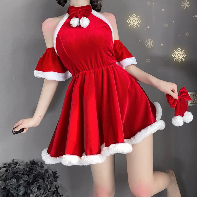 Bow Knot Ruffled Halter Christmas Dress Lingerie