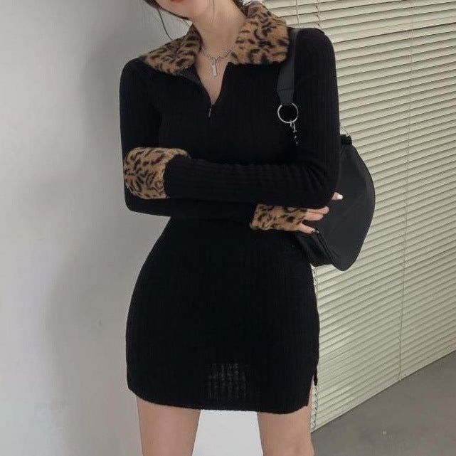 Women's New Leopard Print Long Sleeve Padded Dress