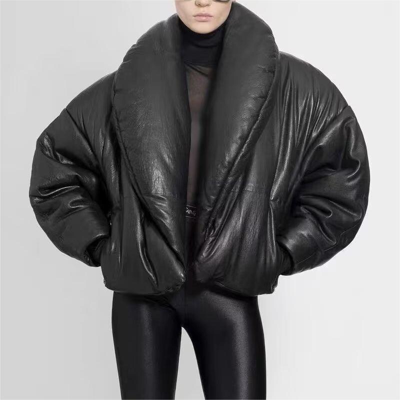 Winter Women Cotton Clothes Coat Short Stand up Collar Slim Fit Faux Leather Shirt Light Warm