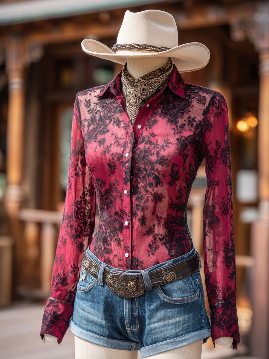 Women's Floral Lace Print Western Long Sleeve Shirt