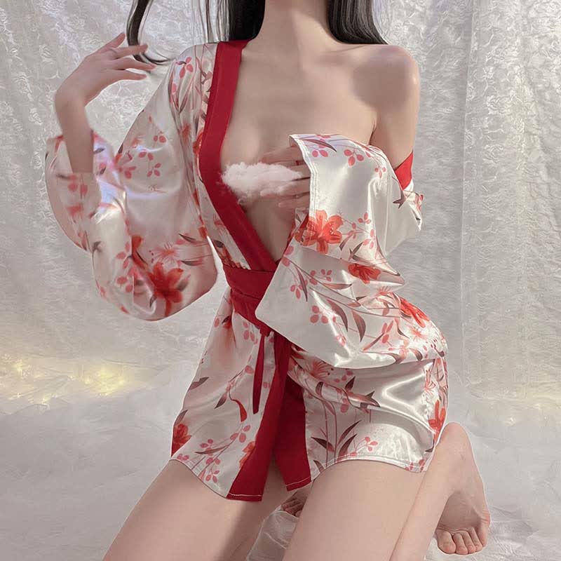 Floral Print Deep V-neck Lace Up Kimono Lingerie Dress