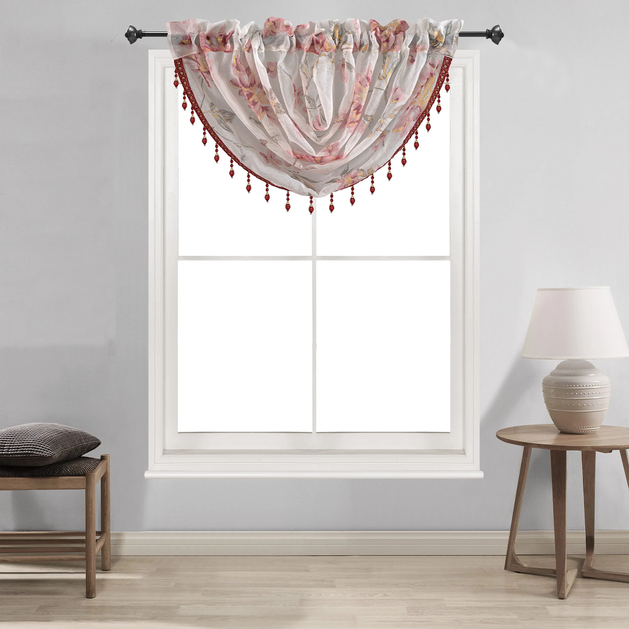 Anna Sheer Metallic Floral Rod Pocket Window Panel & Waterfall Valance, All Sold Separately