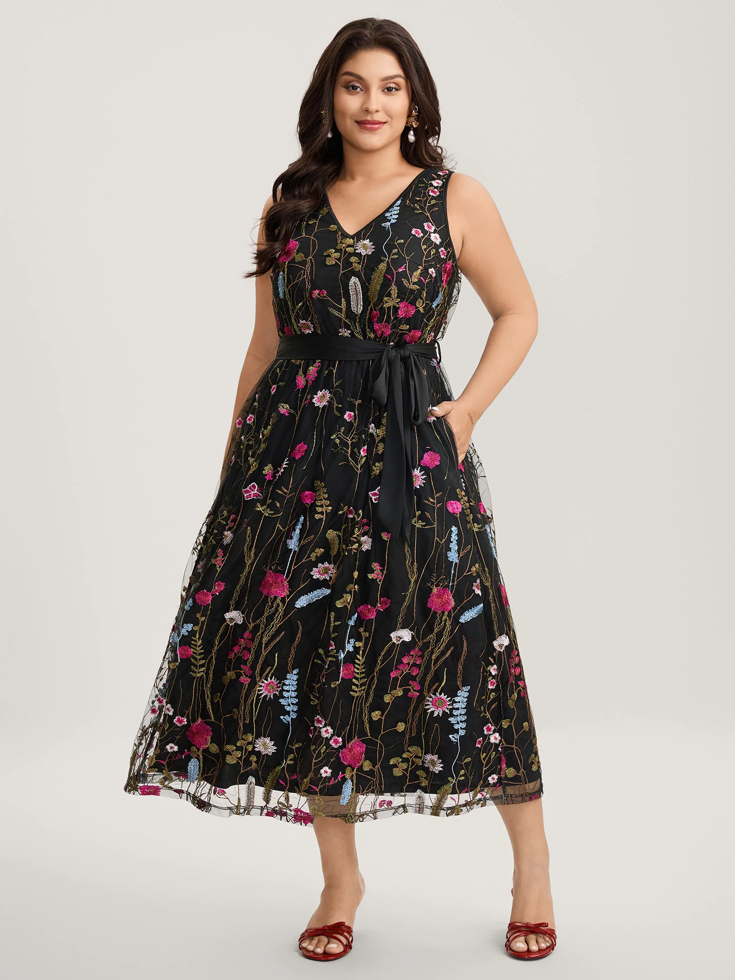 Floral Embroidery Belted Midi Dress