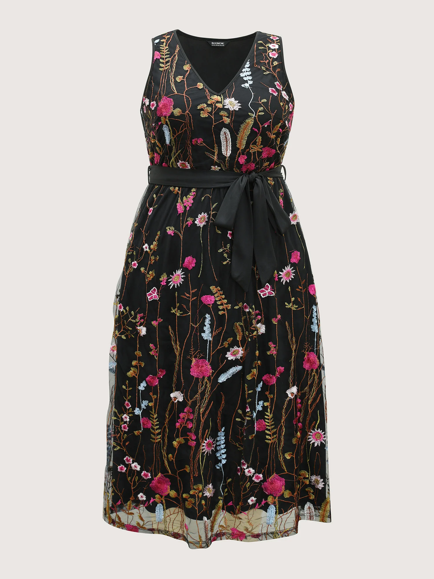 Floral Embroidery Belted Midi Dress