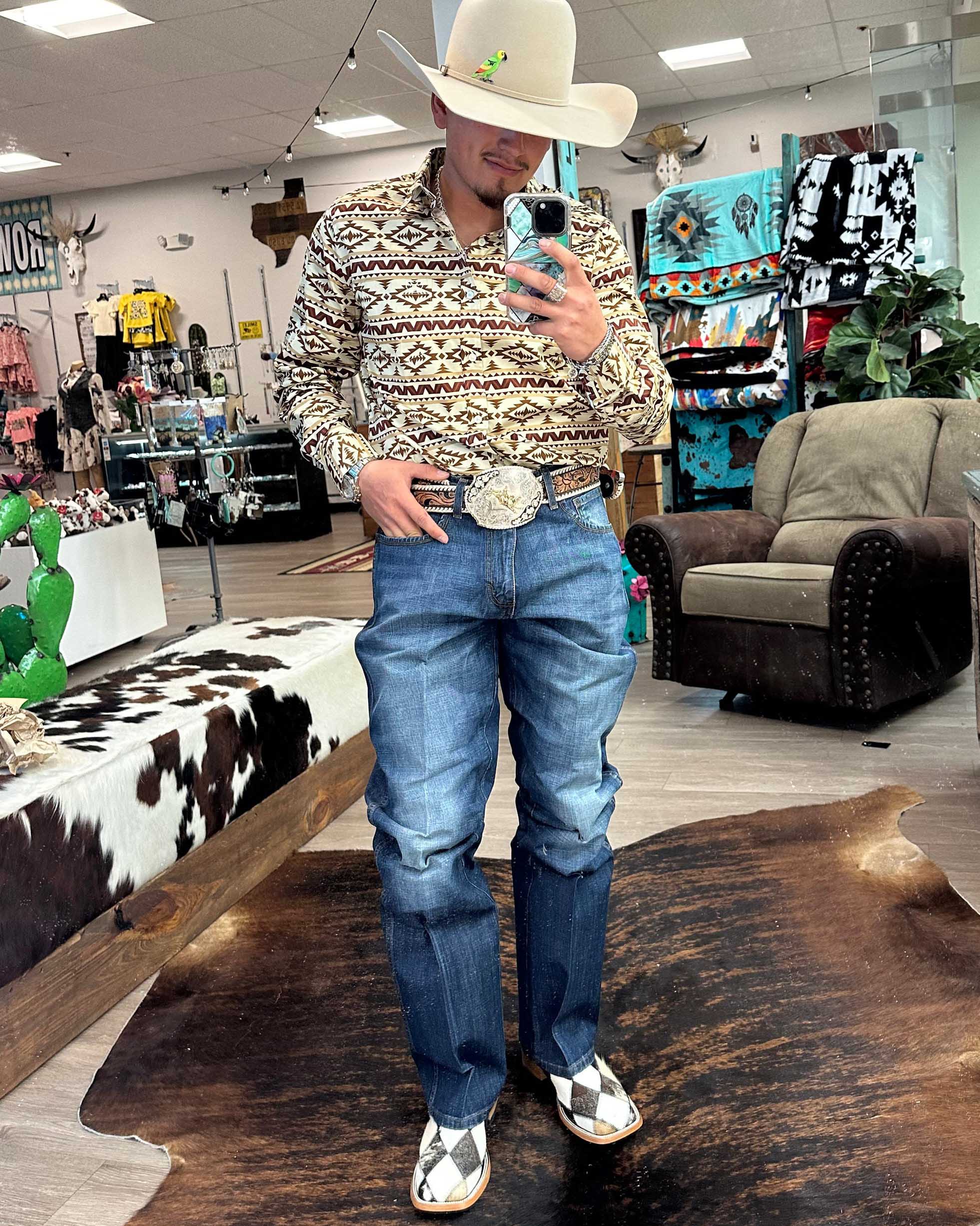 Men's Casual Retro Western Cowboy Stripe Long Sleeve Shirt