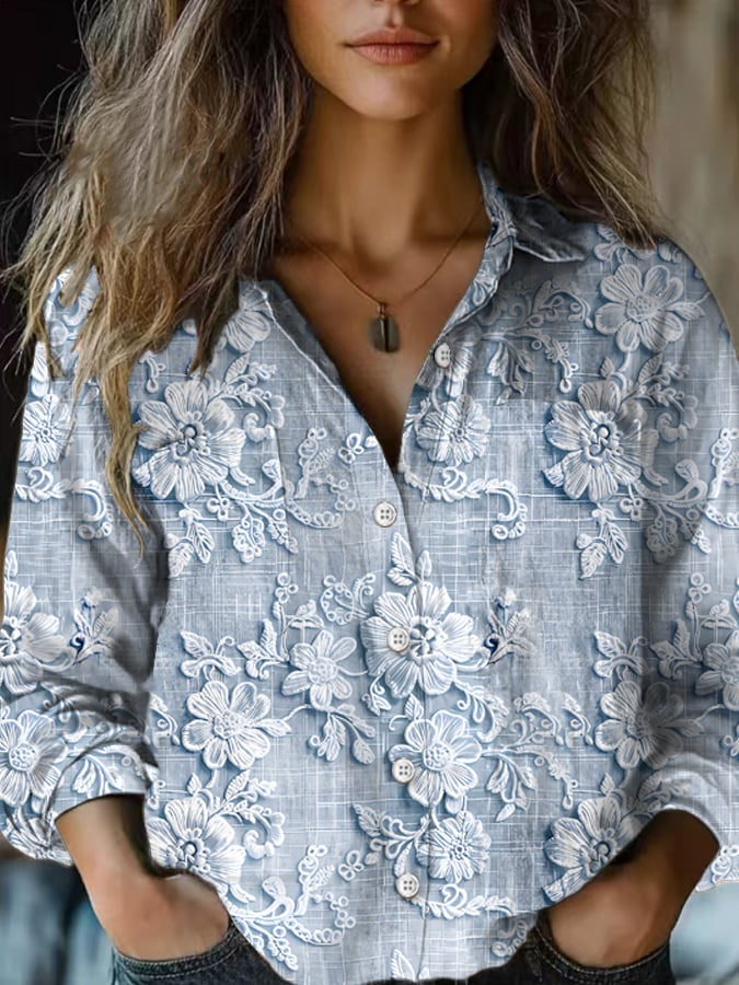 Women's Casual Vintage Floral Cotton and Linen Shirt