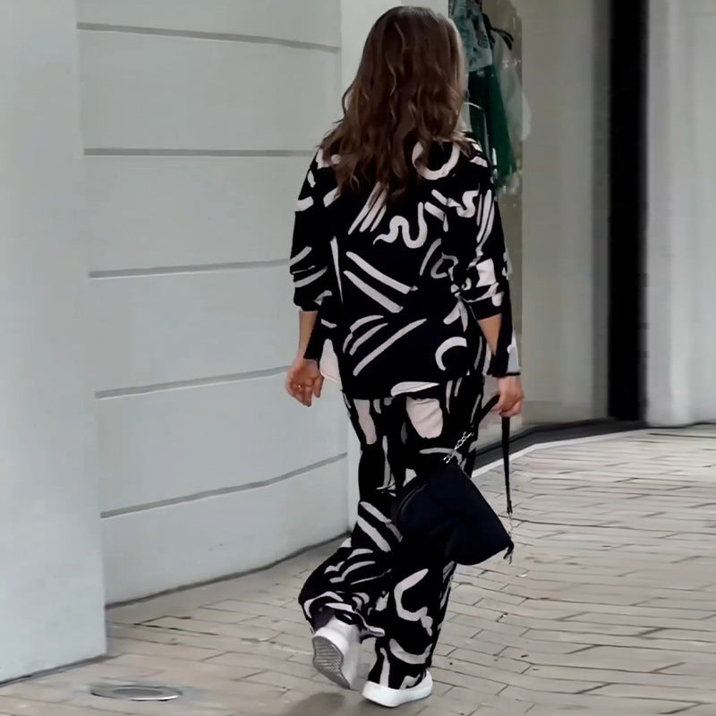 Fashion Suit with Long Sleeve Printed Shirt and High Waist Trousers