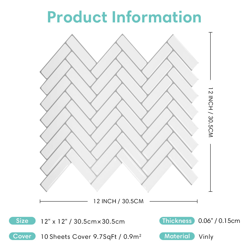 White Herringbone Backsplash Peel and Stick Tile - Thicker Design