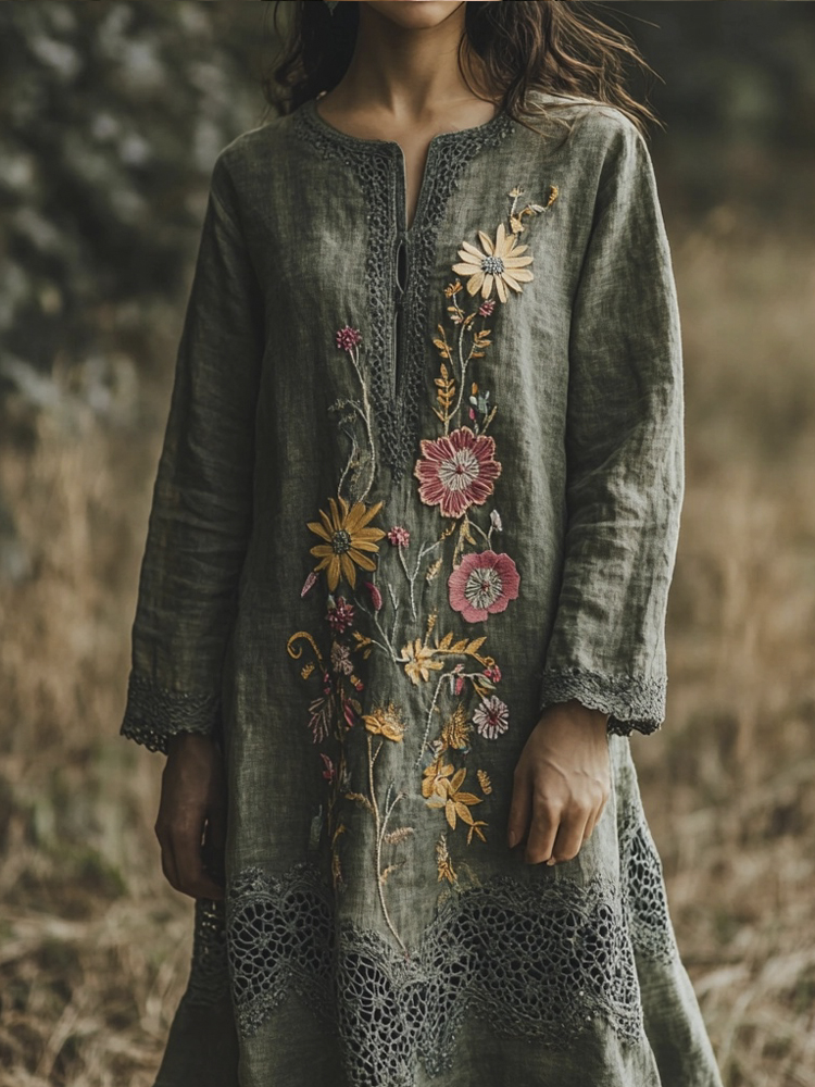 Floral Embroidery Patchwork Lace Women's Linen Maxi Dress