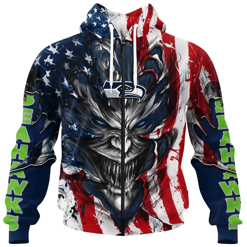 SEATTLE SEAHAWKS DEMON FACE AMERICAN FLAG-3D UNISEX HOODIE