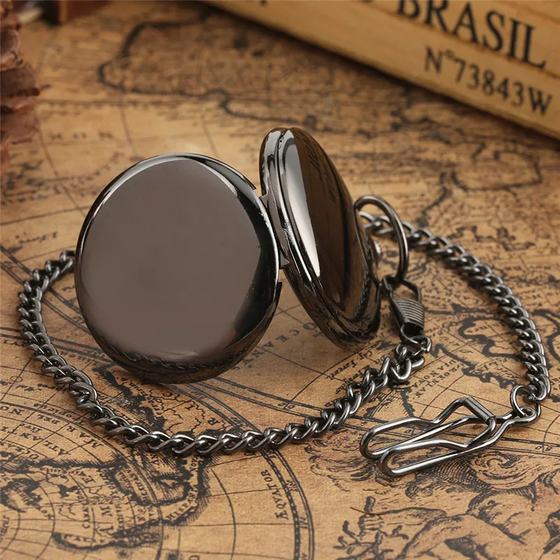 Luxury Yellow Gold/black Smooth Case Clock Men Women Pendant Pocket Watch Quartz Movement Analog Display Necklace Fob Chain