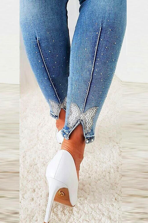 Heididress Beaded Butterfly Distressed Skinny Denim Pants