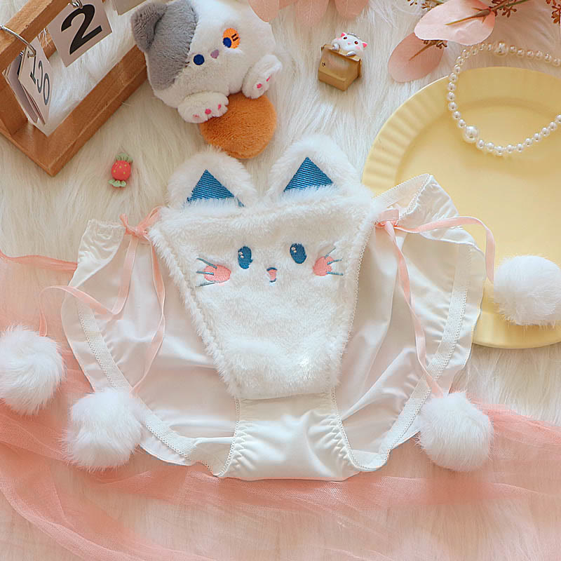 Kawaii Kitty Ear Hairball Embroidery Plush Lingerie Set