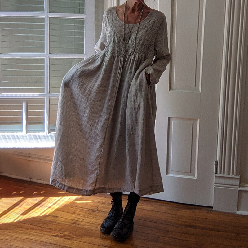 Solid Color Comfortable Casual Pleated Design Patchwork Long Sleeved Maxi Dress
