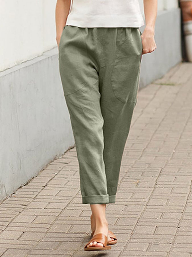 Cotton Linen Pocket Pure Casual Pants