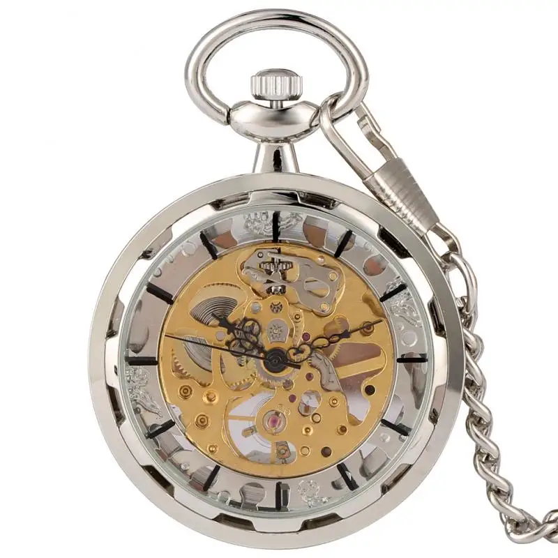 Silver Hand-winding Mechanical Pocket Watch Open Face Skeleton Timepiece Men Women Collectable Clock with Pendant Chain reloj