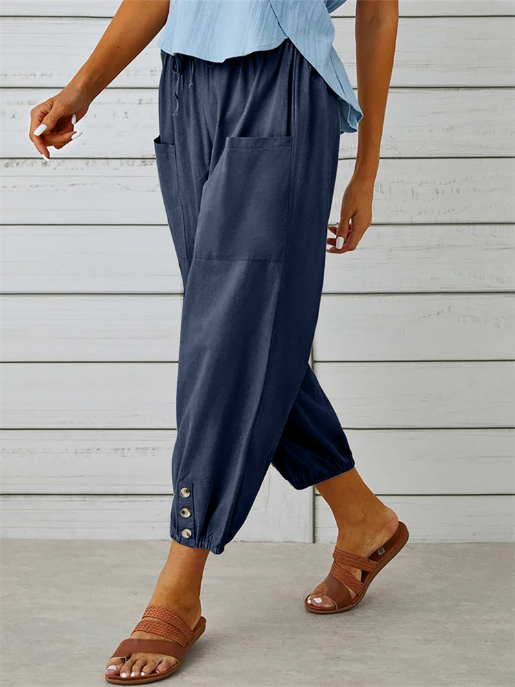 Patch Pocket Button Accent Comfy Casual Pants