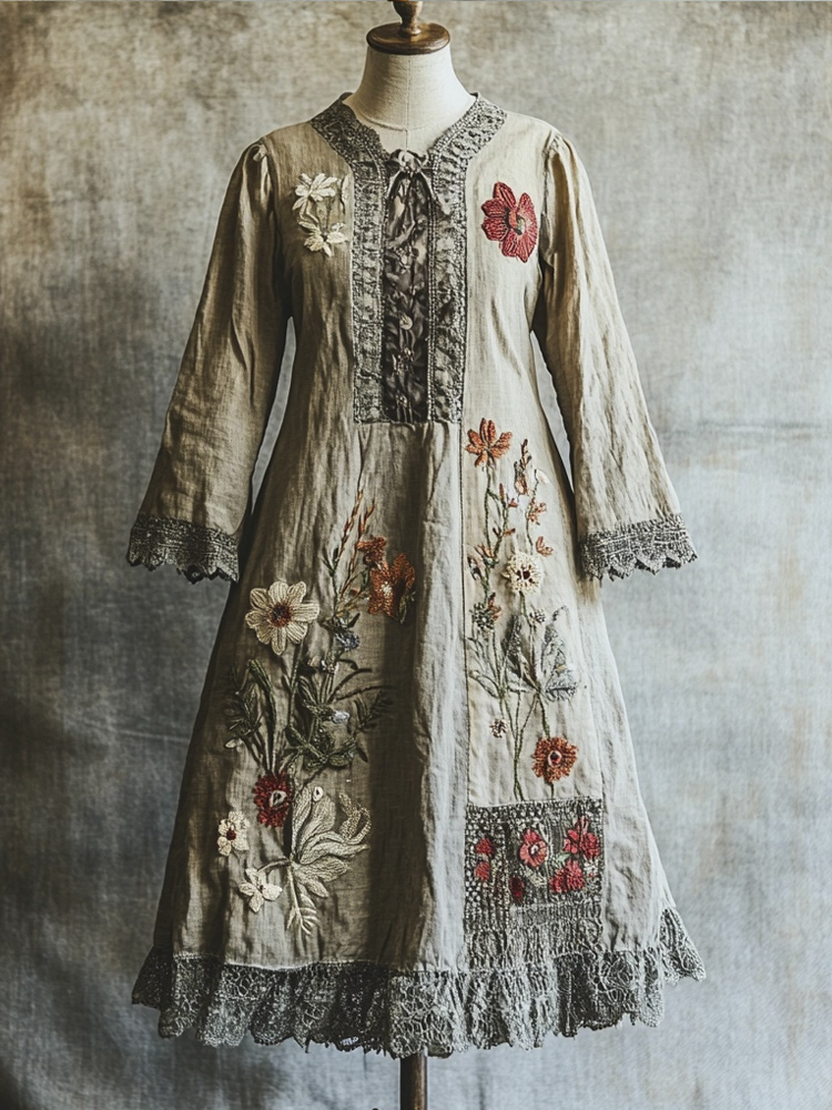 Vintage Floral Lace Patchwork Embroidery Lace-up Women's Linen Maxi Dress
