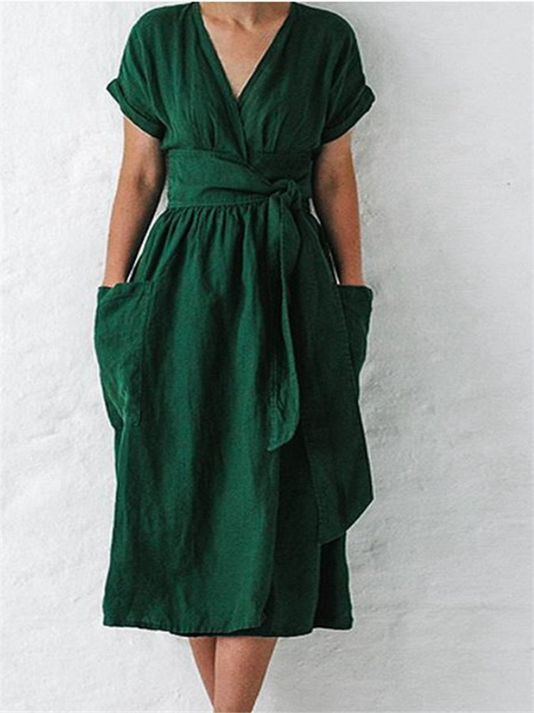 Patch Pockets Wrap Midi Dress