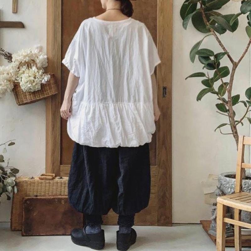 Loose Round Neck Short Sleeve Gathered Paneled Cotton And Linen Shirt
