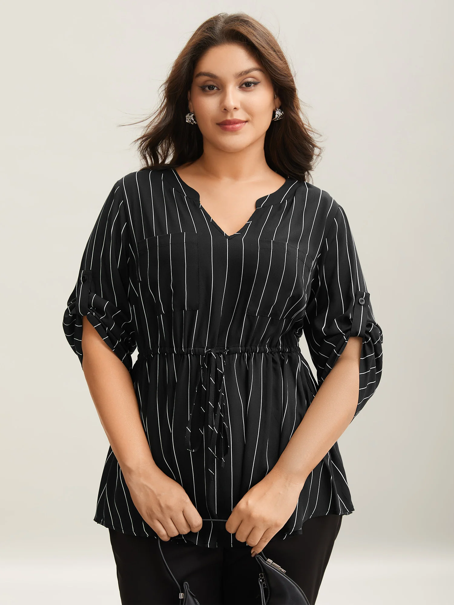 Striped Waist-Tie Pockets Blouse
