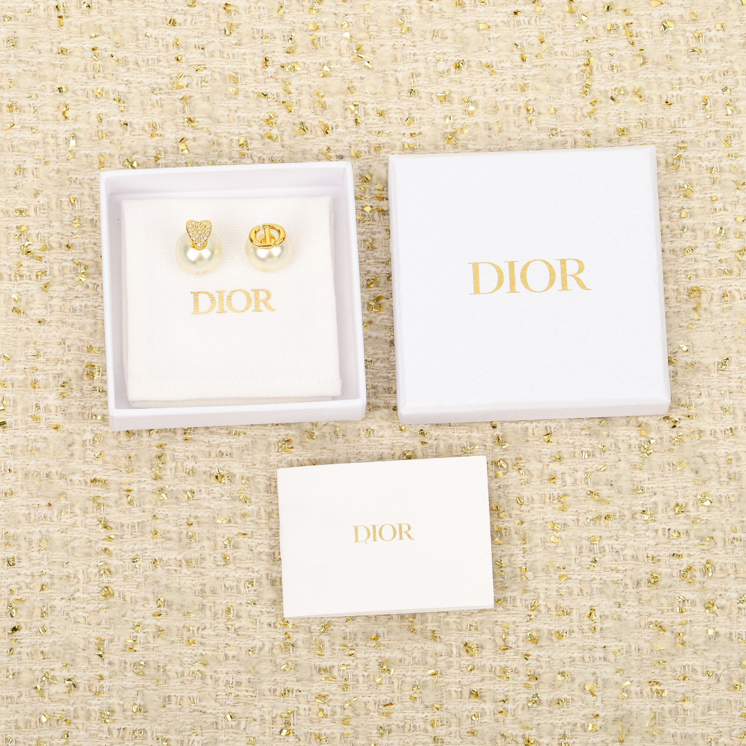 Dior full diamond heart pearl earrings