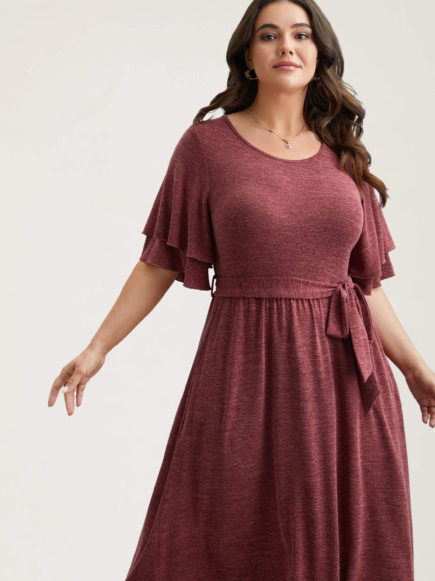 Layered Lotus Sleeve Belted Midi Knit Dress