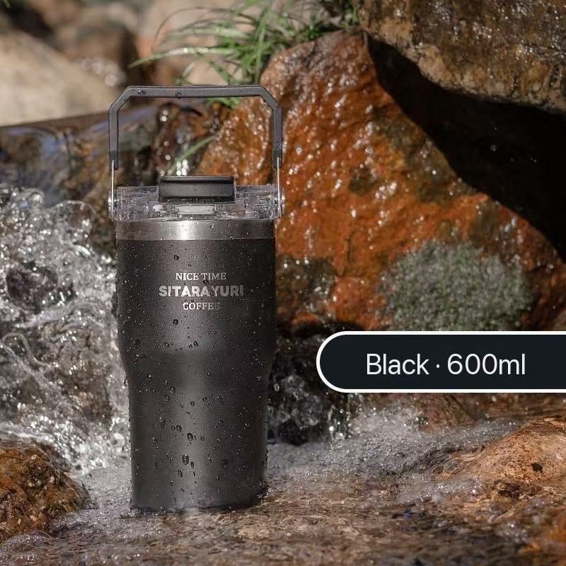 Portable stainless steel thermos flask, stylish design, convenient dual-drink straw water bottle, car water cup