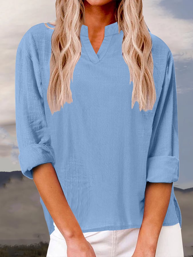 Women's V-Neck Long Sleeve Loose Design Casual Shirt