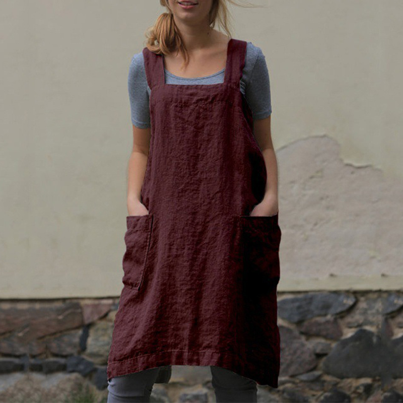 Retro solid color side pocket cotton apron dress