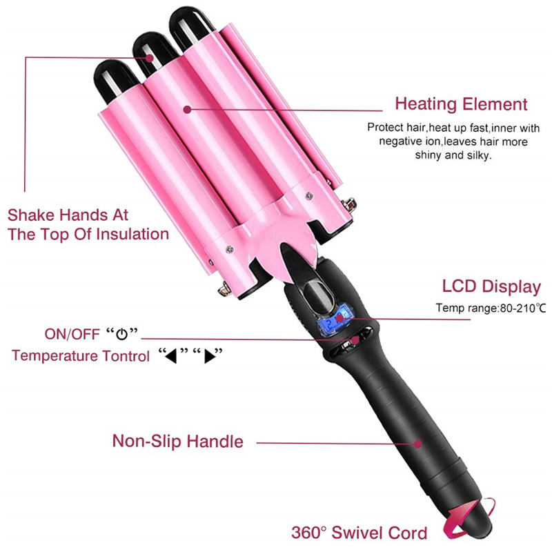 25cm Pink Three Barrel Curling Iron Wand With LCD Display