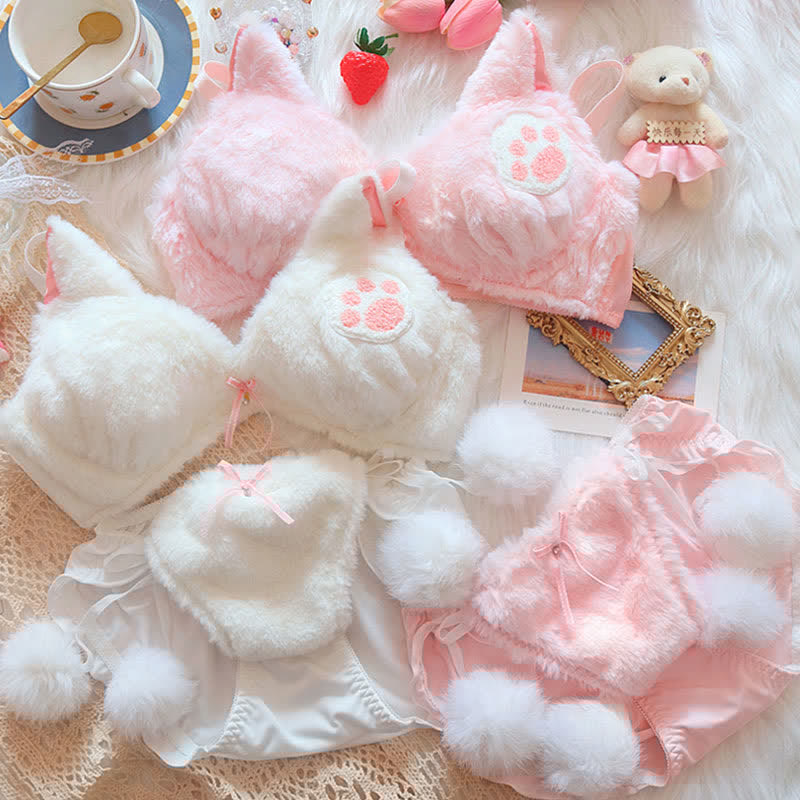 Kawaii Cat Claw Embroidery Plush Lingerie Set