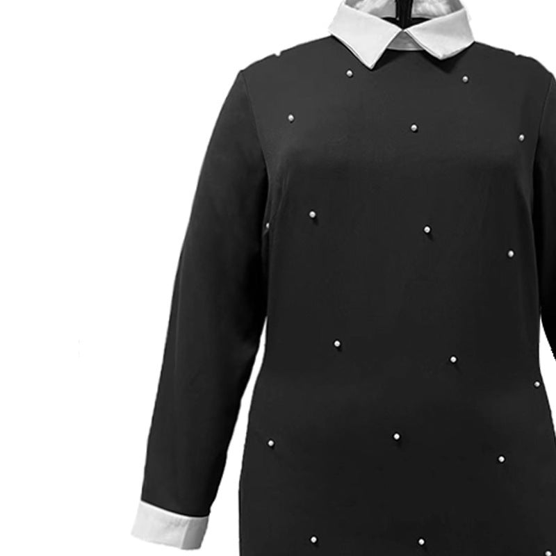Elegant Lapel Long Sleeve Beaded Dress with Contrast Color Stitching
