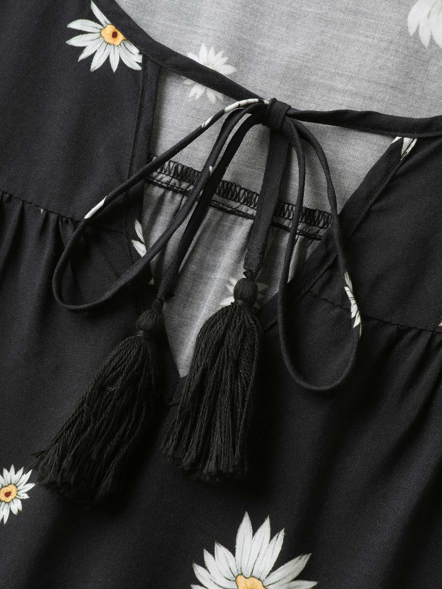 Colorful Floral Pleated Tassel Blouse