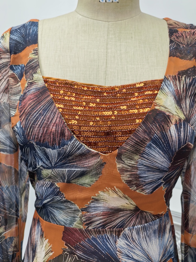 Gorgeous Print Chiffon Beaded Jalabiya Two-Piece Set with Belt