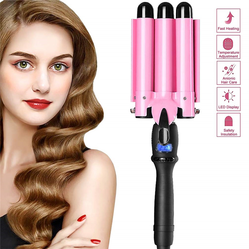 25cm Pink Three Barrel Curling Iron Wand With LCD Display