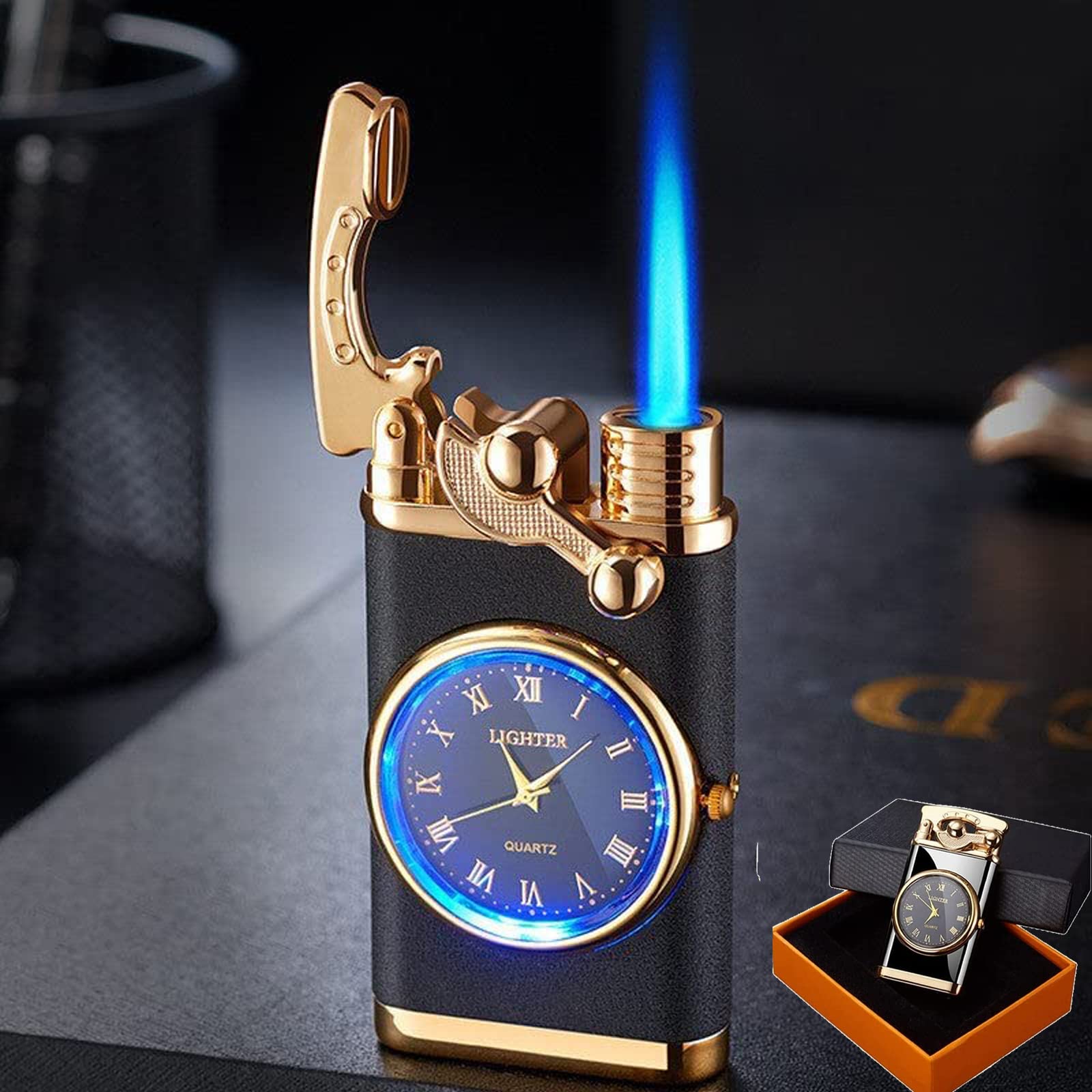 🔥Father's Day Sale-[SAVE 65% OFF]-2 in 1 Lighter with Electronic Watch Creative Dial Rocker Arm Inflatable Windproof Blue Flame Lighter-BUY 2 GET 10% OFF & FREE SHIPPING