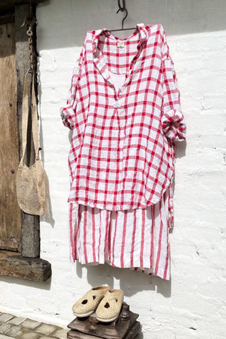 Loose Cotton Linen Plaid Shirt