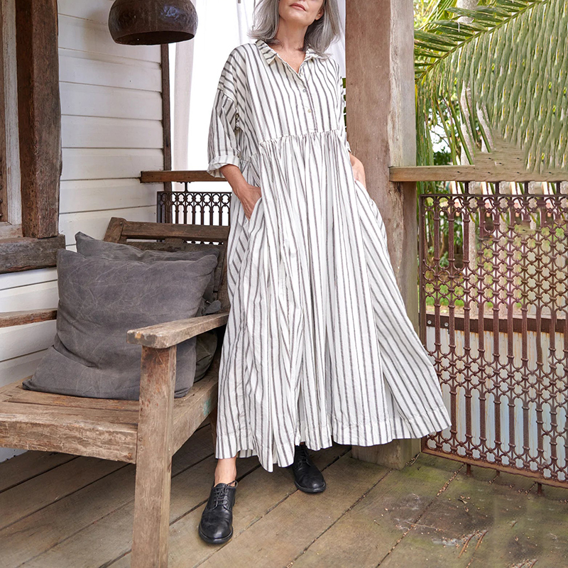 Striped Casual Shirt Collar Long Sleeved Maxi Dress