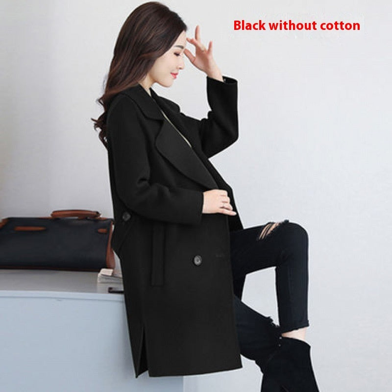 Cotton and Wool Blend Thickened Slimming Wool Overcoat for Women